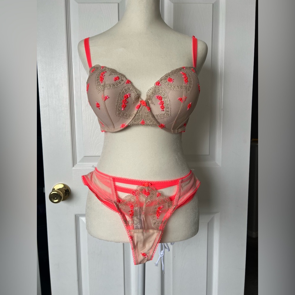 Victoria's Secret Neon Orange and Tan Lace Set